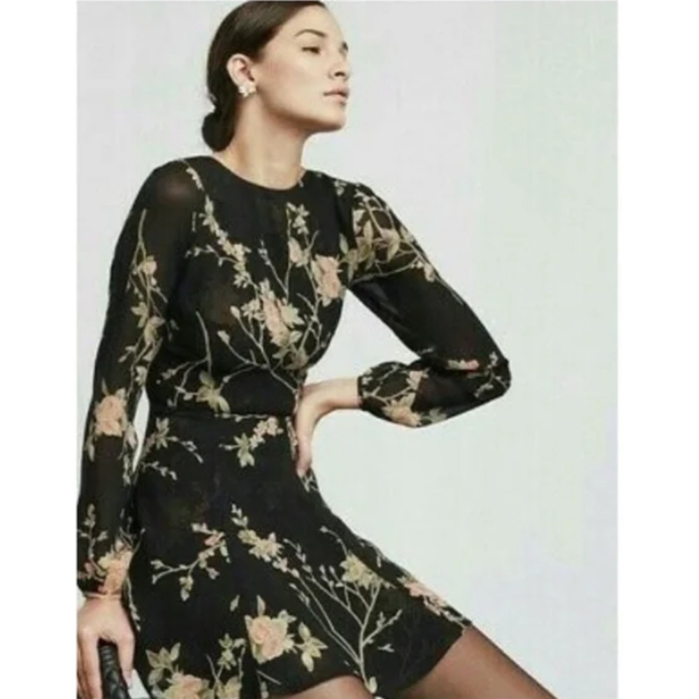 Reformation Black Floral Rosaline Long Sleeve Dress, Size 8